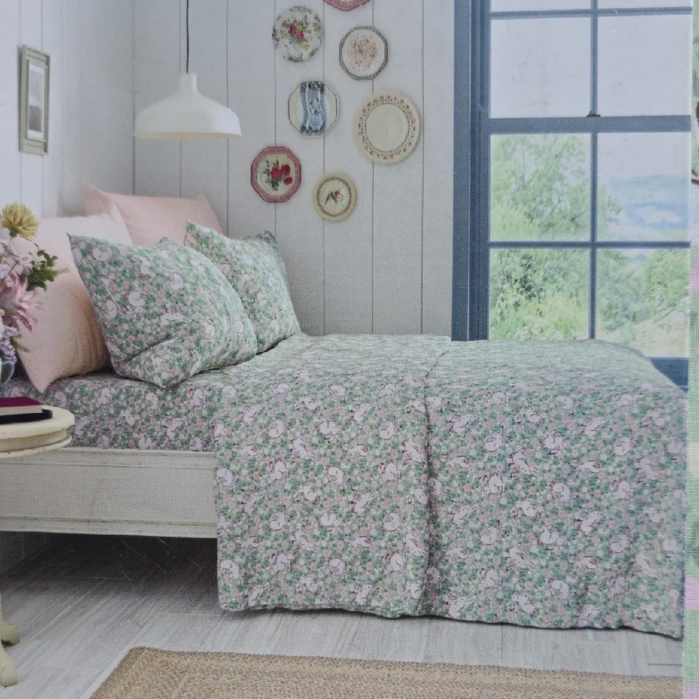Cath Kidston Green Pink Bunny Floral Full Sheet Set 100% Cotton Spring Easter